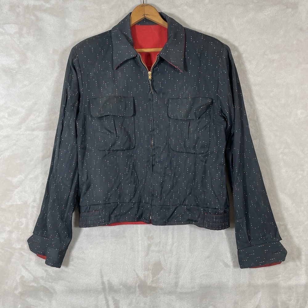 Vintage 1950s Gabardine Ricky Jacket Mens 40 Reversible Black Red Rockabilly 50s